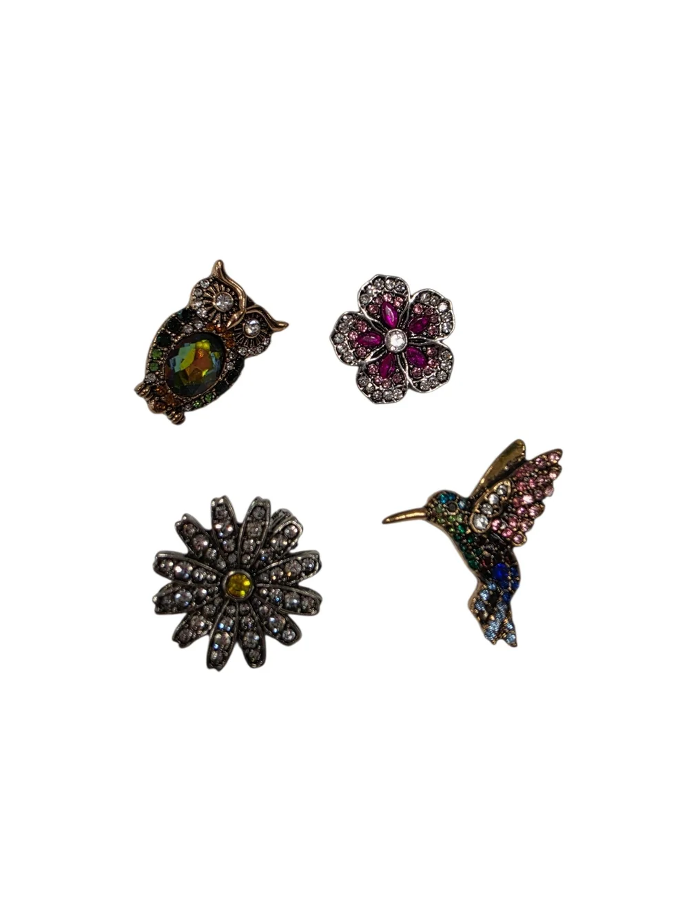 4 Multicolor Rhinestone Brooch Set Owl Daisy Pink Flower Humming Bird